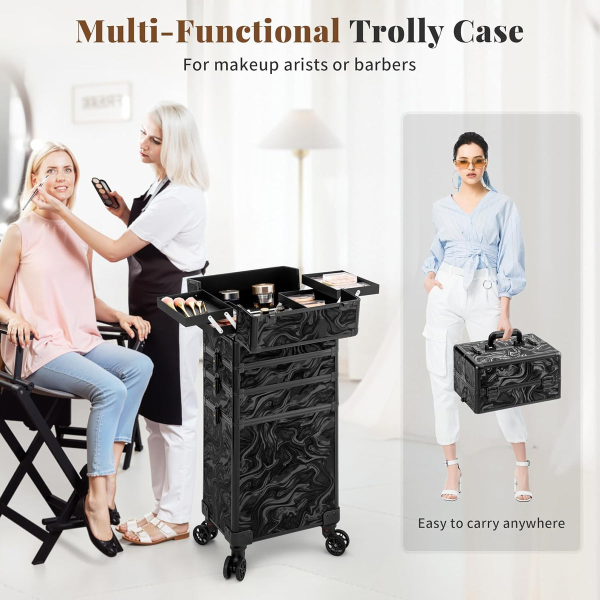 Profesional Rolling Makeup Train Case with Lid, 5 in 1 Cosmetology Case on Wheels, Large Cosmetic Trolley Organizer Travel for Hairstylist Artist Nail Beauty Salon Barber, Black Ink