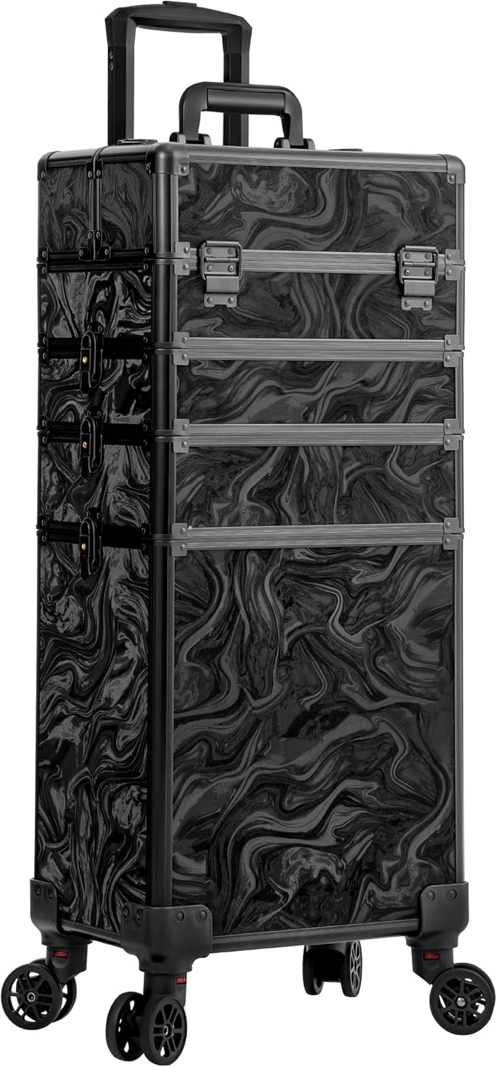 Profesional Rolling Makeup Train Case with Lid, 5 in 1 Cosmetology Case on Wheels, Large Cosmetic Trolley Organizer Travel for Hairstylist Artist Nail Beauty Salon Barber, Black Ink