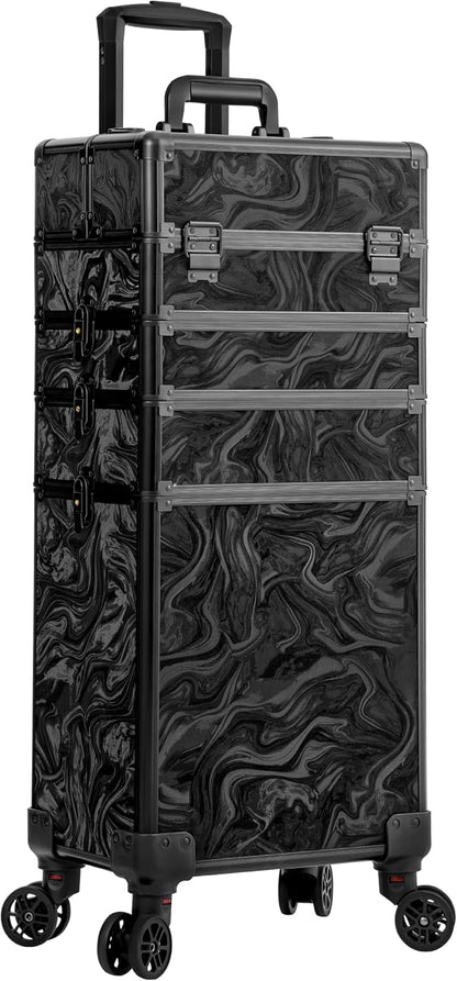 Profesional Rolling Makeup Train Case with Lid, 5 in 1 Cosmetology Case on Wheels, Large Cosmetic Trolley Organizer Travel for Hairstylist Artist Nail Beauty Salon Barber, Black Ink
