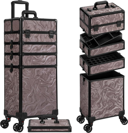 Profesional Rolling Makeup Train Case with Lid, 5 in 1 Cosmetology Case on Wheels, Large Cosmetic Trolley Organizer Travel for Hairstylist Artist Nail Beauty Salon Barber, Black Ink