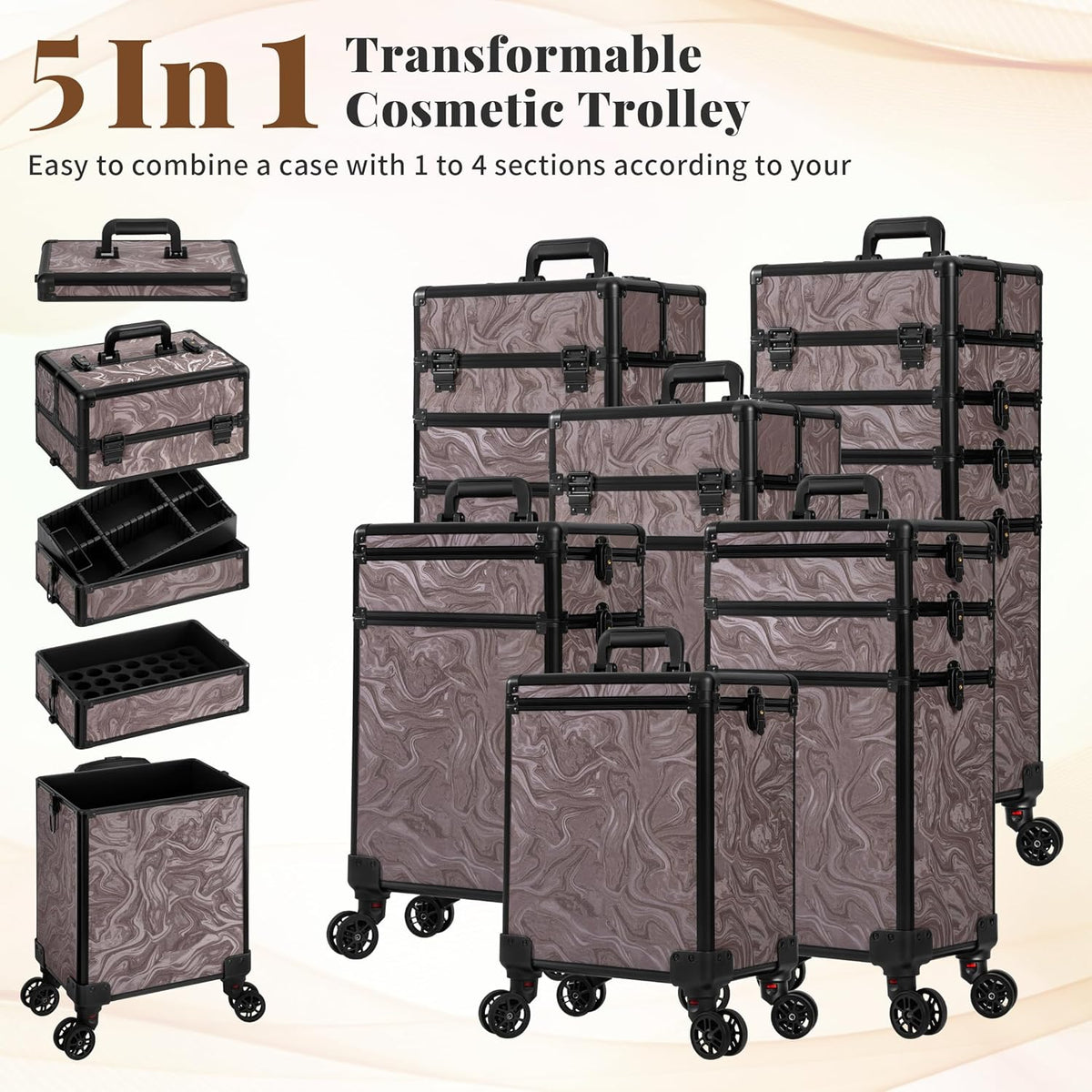 Profesional Rolling Makeup Train Case with Lid, 5 in 1 Cosmetology Case on Wheels, Large Cosmetic Trolley Organizer Travel for Hairstylist Artist Nail Beauty Salon Barber, Black Ink
