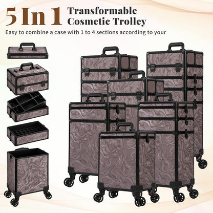 Profesional Rolling Makeup Train Case with Lid, 5 in 1 Cosmetology Case on Wheels, Large Cosmetic Trolley Organizer Travel for Hairstylist Artist Nail Beauty Salon Barber, Black Ink