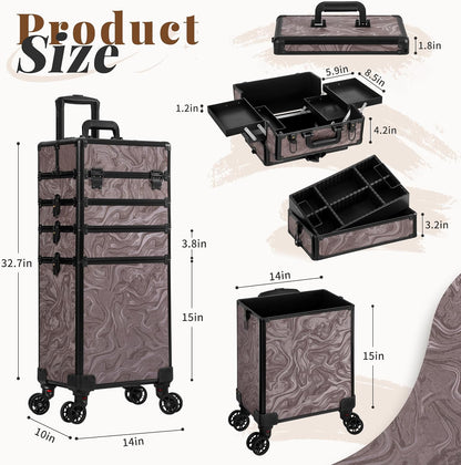 Profesional Rolling Makeup Train Case with Lid, 5 in 1 Cosmetology Case on Wheels, Large Cosmetic Trolley Organizer Travel for Hairstylist Artist Nail Beauty Salon Barber, Black Ink