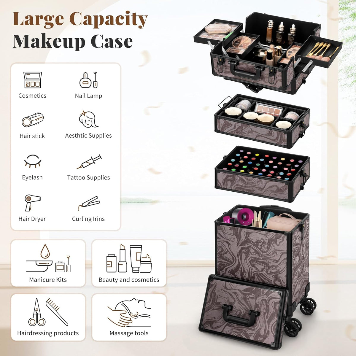 Profesional Rolling Makeup Train Case with Lid, 5 in 1 Cosmetology Case on Wheels, Large Cosmetic Trolley Organizer Travel for Hairstylist Artist Nail Beauty Salon Barber, Black Ink