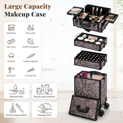 Profesional Rolling Makeup Train Case with Lid, 5 in 1 Cosmetology Case on Wheels, Large Cosmetic Trolley Organizer Travel for Hairstylist Artist Nail Beauty Salon Barber, Black Ink