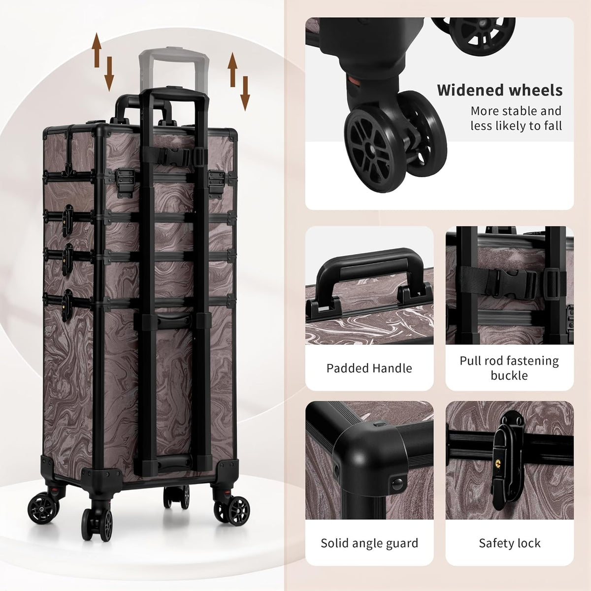Profesional Rolling Makeup Train Case with Lid, 5 in 1 Cosmetology Case on Wheels, Large Cosmetic Trolley Organizer Travel for Hairstylist Artist Nail Beauty Salon Barber, Black Ink
