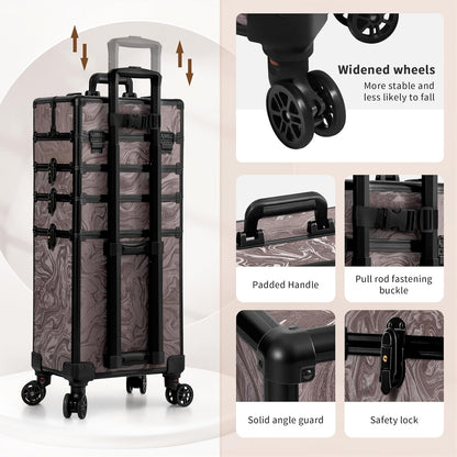 Profesional Rolling Makeup Train Case with Lid, 5 in 1 Cosmetology Case on Wheels, Large Cosmetic Trolley Organizer Travel for Hairstylist Artist Nail Beauty Salon Barber, Black Ink