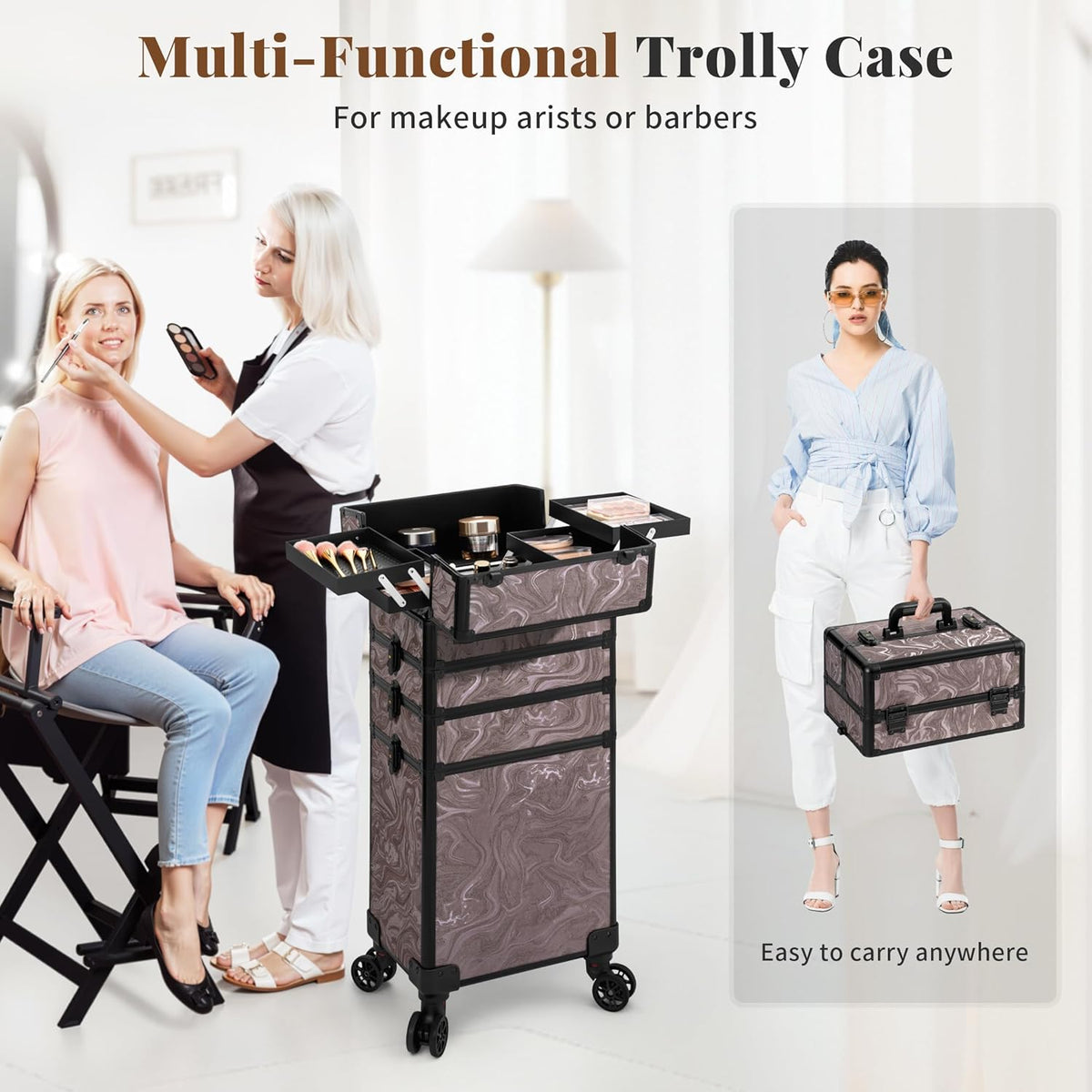 Profesional Rolling Makeup Train Case with Lid, 5 in 1 Cosmetology Case on Wheels, Large Cosmetic Trolley Organizer Travel for Hairstylist Artist Nail Beauty Salon Barber, Black Ink