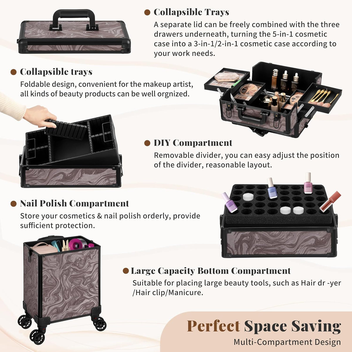 Profesional Rolling Makeup Train Case with Lid, 5 in 1 Cosmetology Case on Wheels, Large Cosmetic Trolley Organizer Travel for Hairstylist Artist Nail Beauty Salon Barber, Black Ink