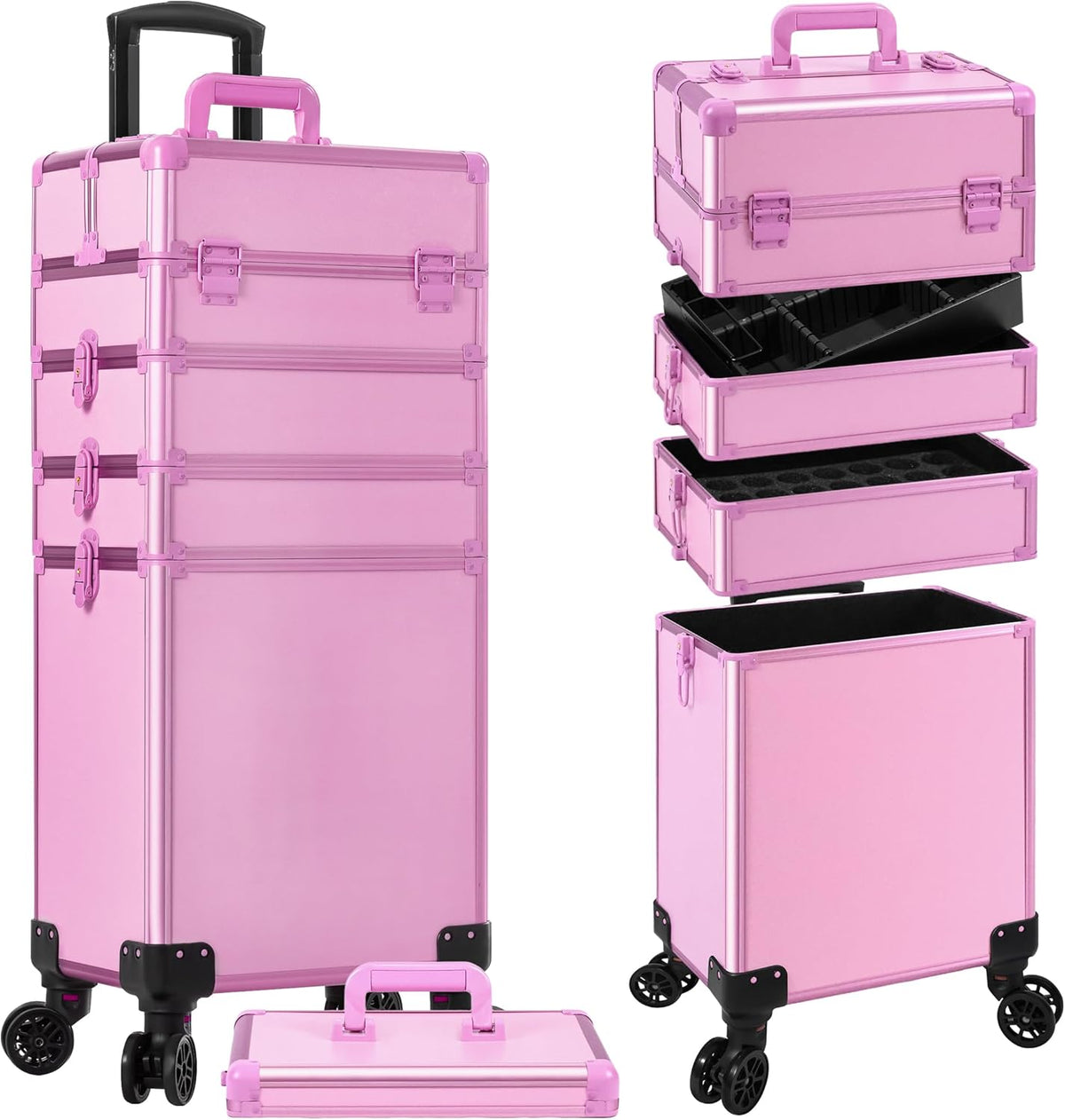 Profesional Rolling Makeup Train Case with Lid, 5 in 1 Cosmetology Case on Wheels, Large Cosmetic Trolley Organizer Travel for Hairstylist Artist Nail Beauty Salon Barber, Black Ink