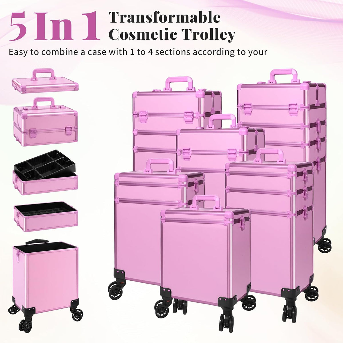 Profesional Rolling Makeup Train Case with Lid, 5 in 1 Cosmetology Case on Wheels, Large Cosmetic Trolley Organizer Travel for Hairstylist Artist Nail Beauty Salon Barber, Black Ink