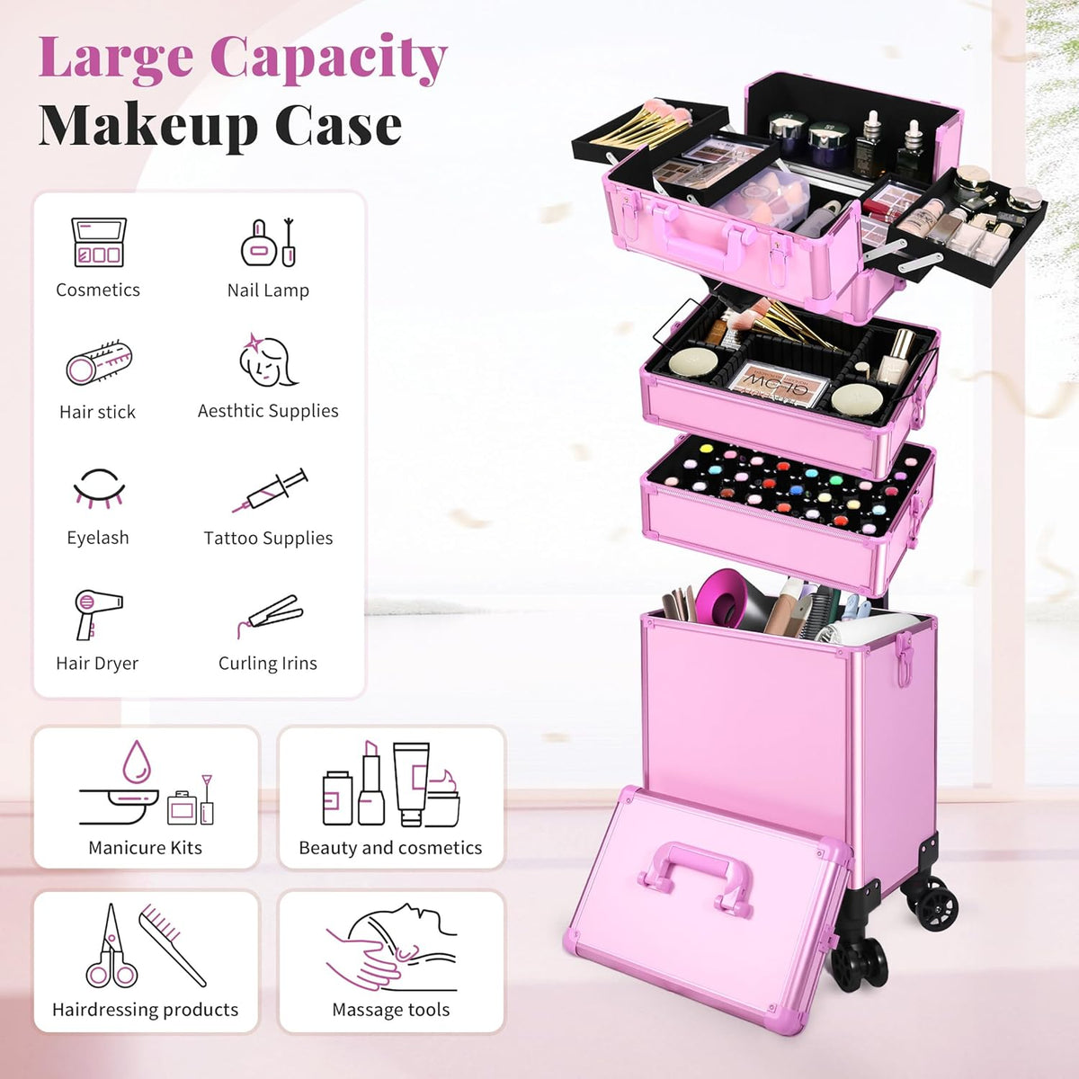 Profesional Rolling Makeup Train Case with Lid, 5 in 1 Cosmetology Case on Wheels, Large Cosmetic Trolley Organizer Travel for Hairstylist Artist Nail Beauty Salon Barber, Black Ink