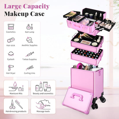 Profesional Rolling Makeup Train Case with Lid, 5 in 1 Cosmetology Case on Wheels, Large Cosmetic Trolley Organizer Travel for Hairstylist Artist Nail Beauty Salon Barber, Black Ink