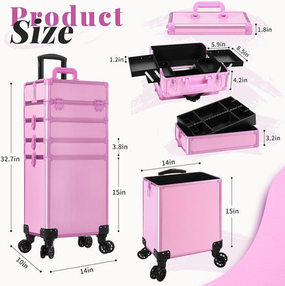 Profesional Rolling Makeup Train Case with Lid, 5 in 1 Cosmetology Case on Wheels, Large Cosmetic Trolley Organizer Travel for Hairstylist Artist Nail Beauty Salon Barber, Black Ink