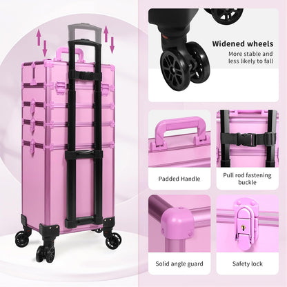 Profesional Rolling Makeup Train Case with Lid, 5 in 1 Cosmetology Case on Wheels, Large Cosmetic Trolley Organizer Travel for Hairstylist Artist Nail Beauty Salon Barber, Black Ink