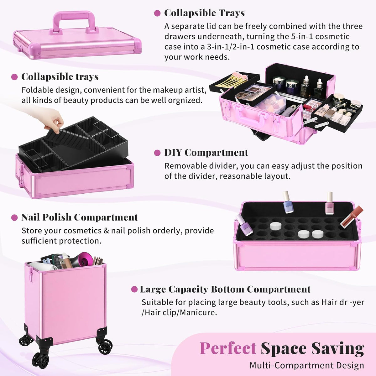 Profesional Rolling Makeup Train Case with Lid, 5 in 1 Cosmetology Case on Wheels, Large Cosmetic Trolley Organizer Travel for Hairstylist Artist Nail Beauty Salon Barber, Black Ink