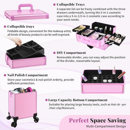 Profesional Rolling Makeup Train Case with Lid, 5 in 1 Cosmetology Case on Wheels, Large Cosmetic Trolley Organizer Travel for Hairstylist Artist Nail Beauty Salon Barber, Black Ink
