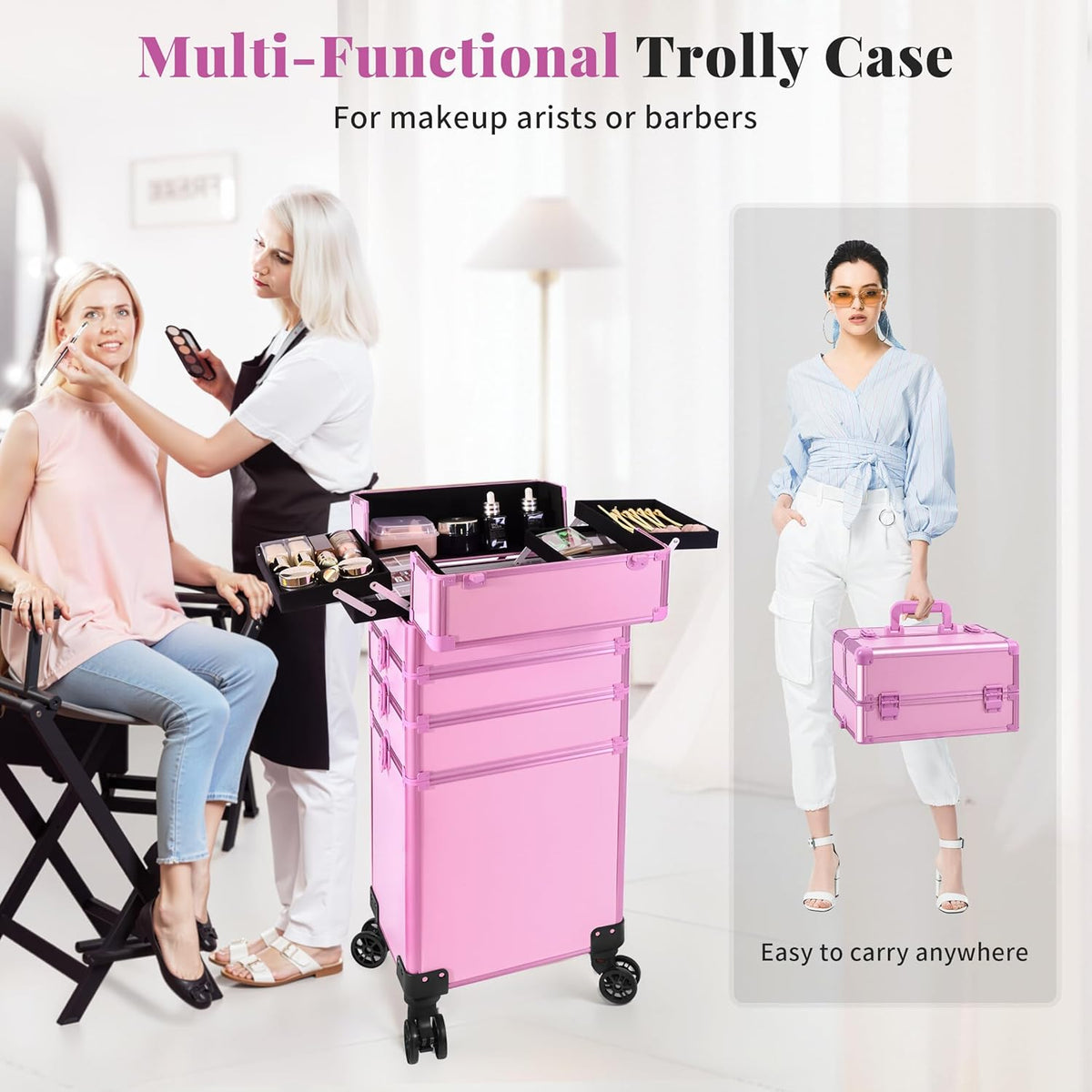 Profesional Rolling Makeup Train Case with Lid, 5 in 1 Cosmetology Case on Wheels, Large Cosmetic Trolley Organizer Travel for Hairstylist Artist Nail Beauty Salon Barber, Black Ink
