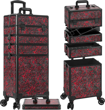 Profesional Rolling Makeup Train Case with Lid, 5 in 1 Cosmetology Case on Wheels, Large Cosmetic Trolley Organizer Travel for Hairstylist Artist Nail Beauty Salon Barber, Black Ink