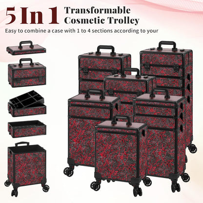 Profesional Rolling Makeup Train Case with Lid, 5 in 1 Cosmetology Case on Wheels, Large Cosmetic Trolley Organizer Travel for Hairstylist Artist Nail Beauty Salon Barber, Black Ink