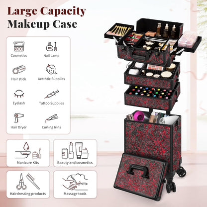 Profesional Rolling Makeup Train Case with Lid, 5 in 1 Cosmetology Case on Wheels, Large Cosmetic Trolley Organizer Travel for Hairstylist Artist Nail Beauty Salon Barber, Black Ink