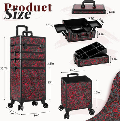 Profesional Rolling Makeup Train Case with Lid, 5 in 1 Cosmetology Case on Wheels, Large Cosmetic Trolley Organizer Travel for Hairstylist Artist Nail Beauty Salon Barber, Black Ink