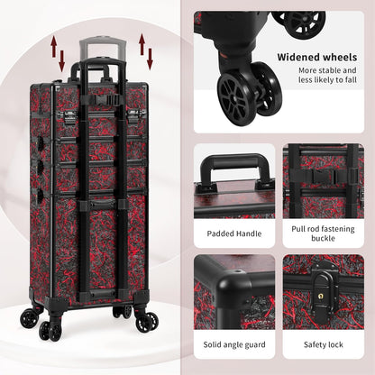 Profesional Rolling Makeup Train Case with Lid, 5 in 1 Cosmetology Case on Wheels, Large Cosmetic Trolley Organizer Travel for Hairstylist Artist Nail Beauty Salon Barber, Black Ink