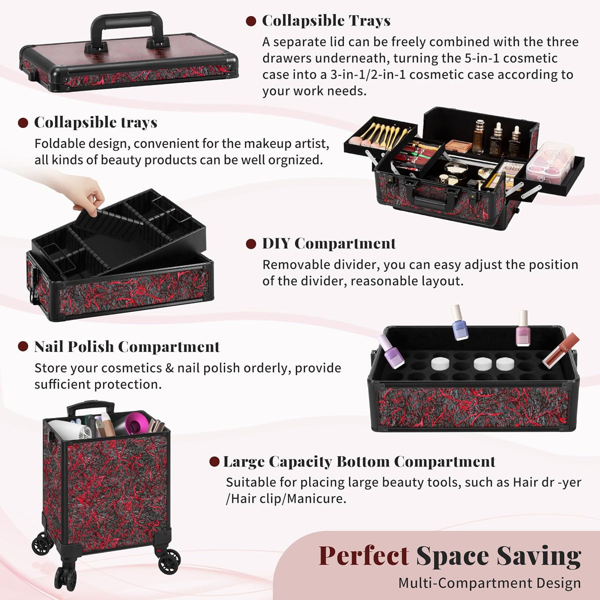 Profesional Rolling Makeup Train Case with Lid, 5 in 1 Cosmetology Case on Wheels, Large Cosmetic Trolley Organizer Travel for Hairstylist Artist Nail Beauty Salon Barber, Black Ink