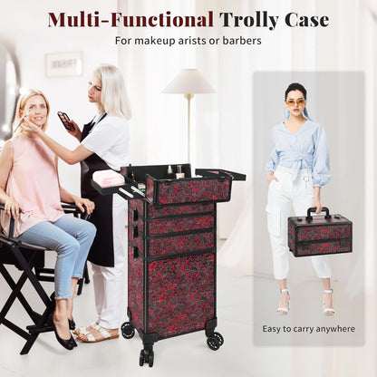 Profesional Rolling Makeup Train Case with Lid, 5 in 1 Cosmetology Case on Wheels, Large Cosmetic Trolley Organizer Travel for Hairstylist Artist Nail Beauty Salon Barber, Black Ink