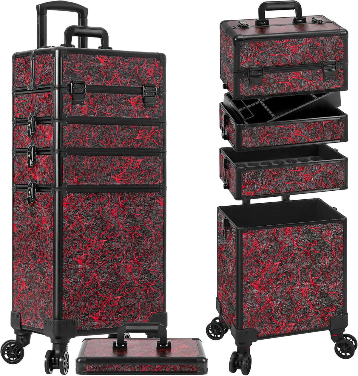 Profesional Rolling Makeup Train Case with Lid, 5 in 1 Cosmetology Case on Wheels, Large Cosmetic Trolley Organizer Travel for Hairstylist Artist Nail Beauty Salon Barber, Black Ink