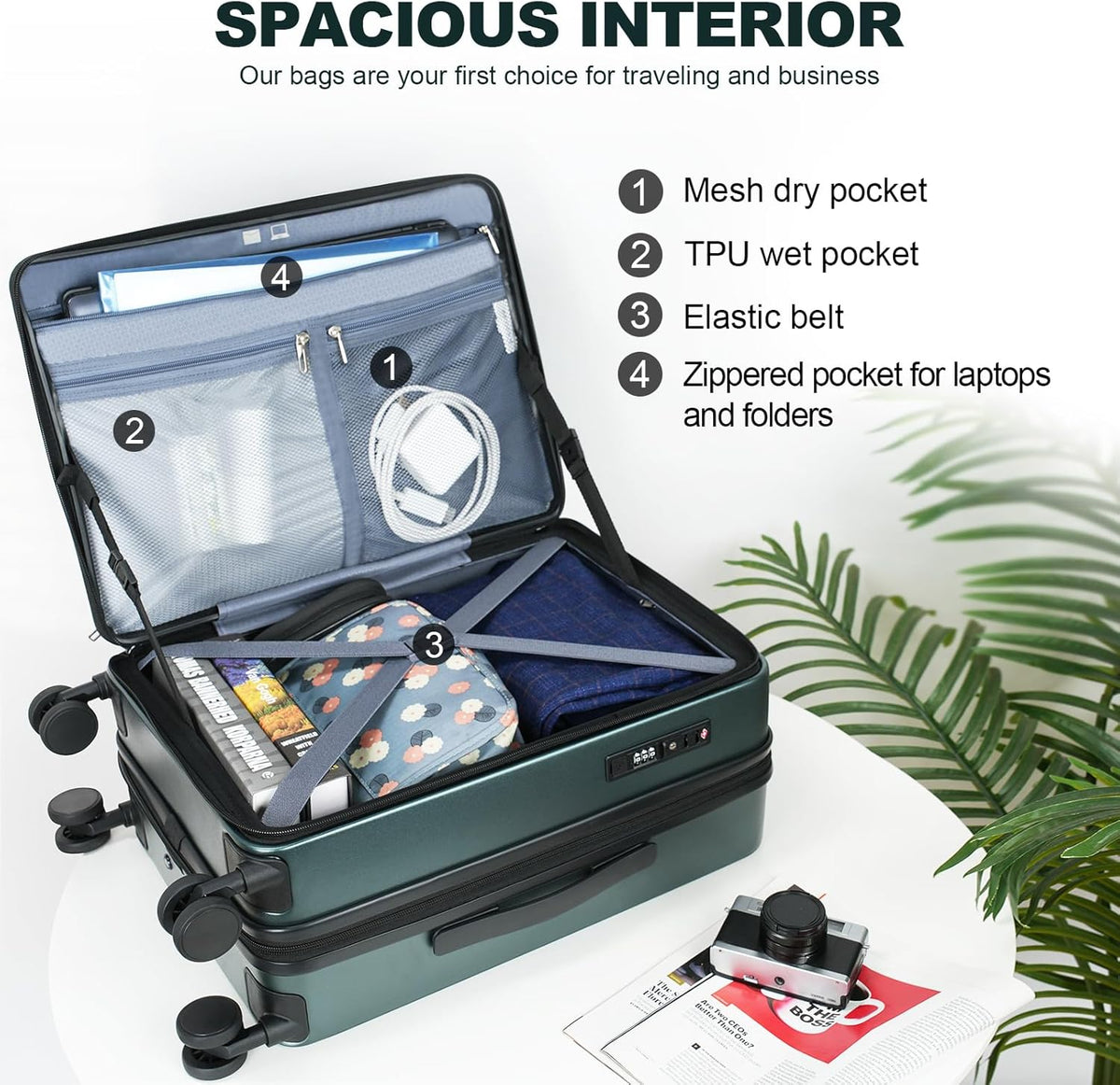 Carry On Luggage with Spinner Wheels & Built-in TSA Lock, Expandable Top Opening Hard Shell Suitcase Large Capacity Durable Rolling Luggage with USB Port, Carry-On 20-Inch, Light Blue