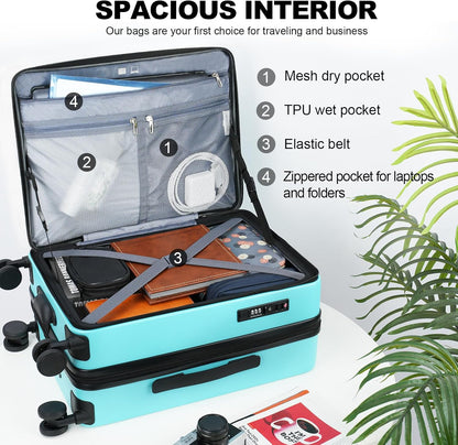 Carry On Luggage with Spinner Wheels & Built-in TSA Lock, Expandable Top Opening Hard Shell Suitcase Large Capacity Durable Rolling Luggage with USB Port, Carry-On 20-Inch, Light Blue