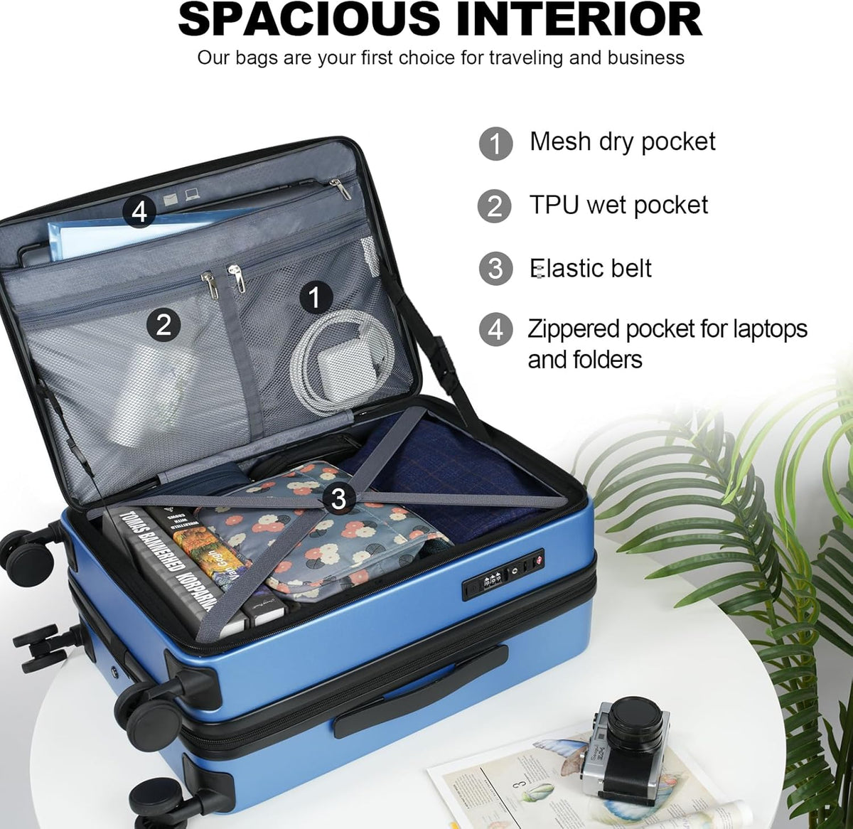 Carry On Luggage with Spinner Wheels & Built-in TSA Lock, Expandable Top Opening Hard Shell Suitcase Large Capacity Durable Rolling Luggage with USB Port, Carry-On 20-Inch, Light Blue