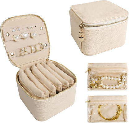 Travel Jewelry Case, Small Travel Jewelry Box with 6 Velvet Jewelry Bag Mini Pouch, Portable Travel Jewelry Organizer for Rings Earrings Necklaces, Beauty Gifts for Women Girls (Beige)