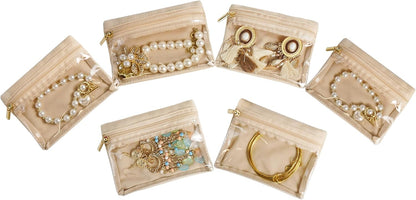 Travel Jewelry Case, Small Travel Jewelry Box with 6 Velvet Jewelry Bag Mini Pouch, Portable Travel Jewelry Organizer for Rings Earrings Necklaces, Beauty Gifts for Women Girls (Beige)