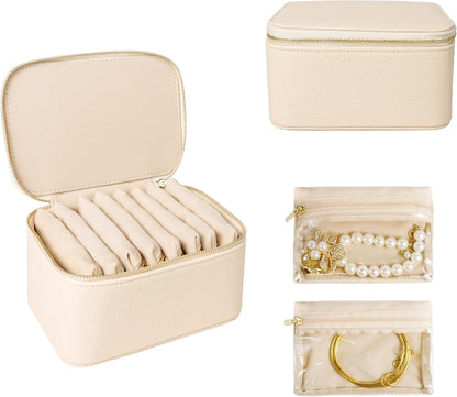 Travel Jewelry Case, Small Travel Jewelry Box with 6 Velvet Jewelry Bag Mini Pouch, Portable Travel Jewelry Organizer for Rings Earrings Necklaces, Beauty Gifts for Women Girls (Beige)