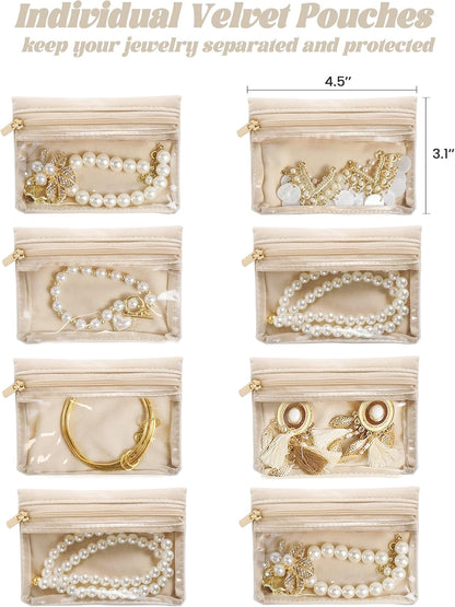 Travel Jewelry Case, Small Travel Jewelry Box with 6 Velvet Jewelry Bag Mini Pouch, Portable Travel Jewelry Organizer for Rings Earrings Necklaces, Beauty Gifts for Women Girls (Beige)