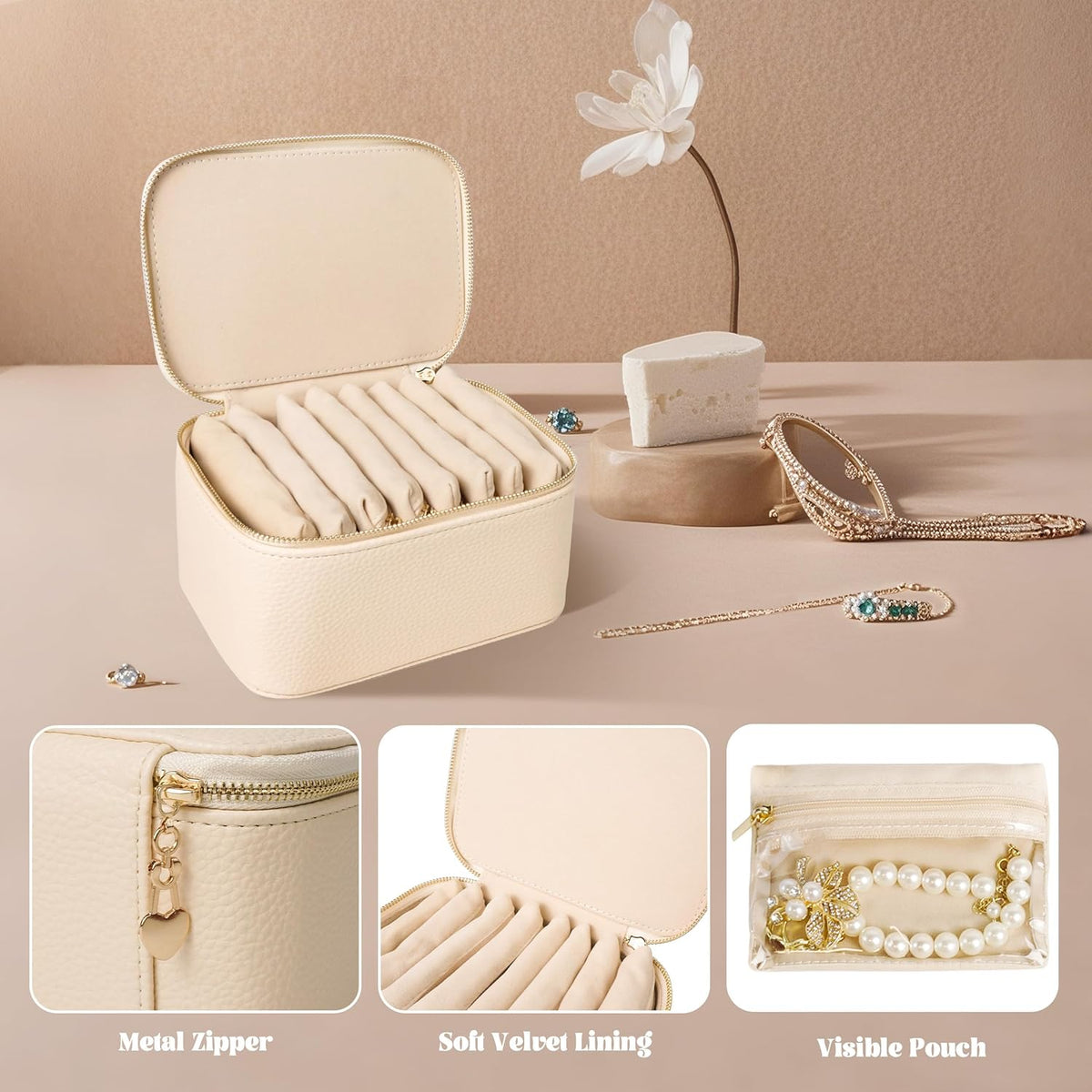 Travel Jewelry Case, Small Travel Jewelry Box with 6 Velvet Jewelry Bag Mini Pouch, Portable Travel Jewelry Organizer for Rings Earrings Necklaces, Beauty Gifts for Women Girls (Beige)
