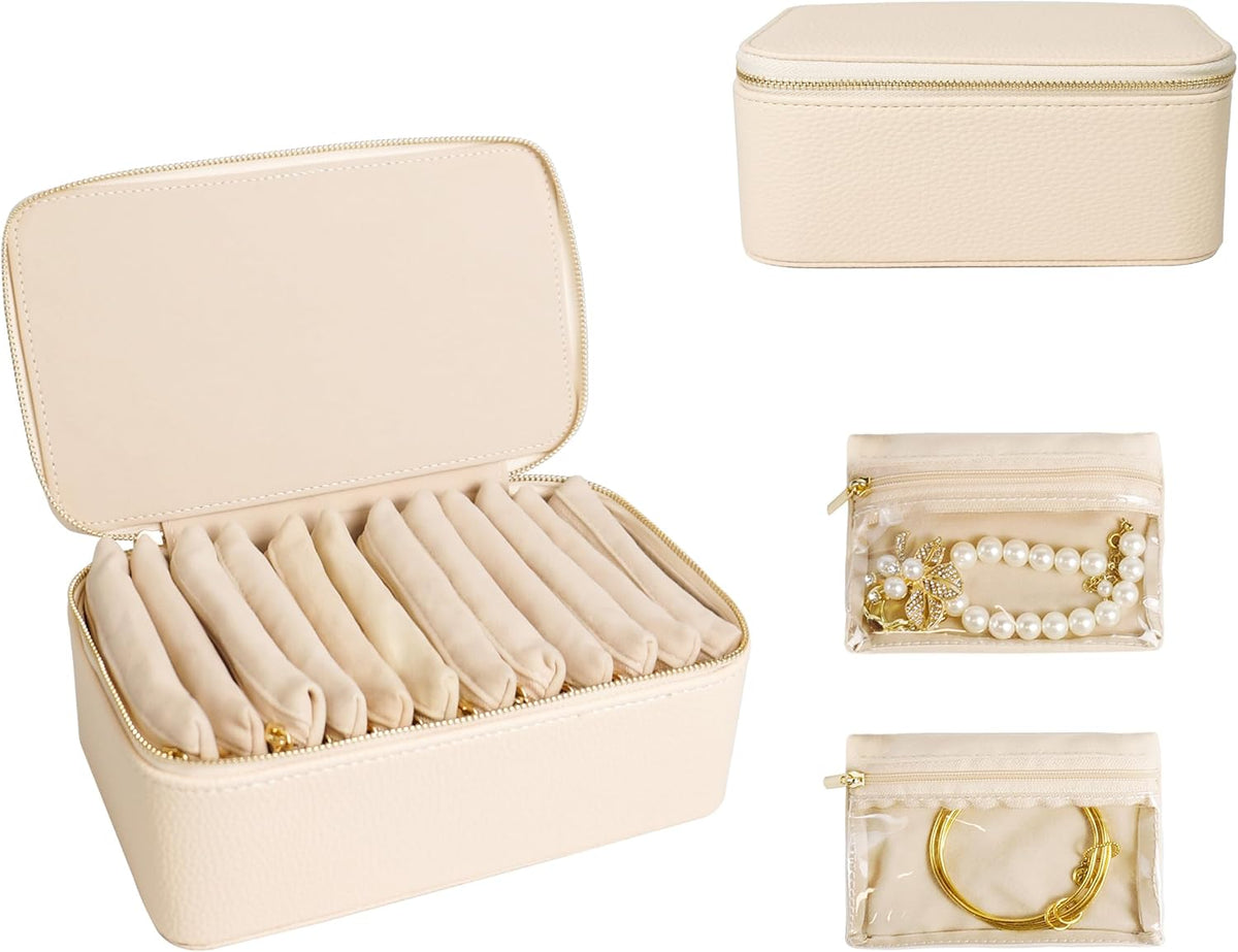 Travel Jewelry Case, Small Travel Jewelry Box with 6 Velvet Jewelry Bag Mini Pouch, Portable Travel Jewelry Organizer for Rings Earrings Necklaces, Beauty Gifts for Women Girls (Beige)