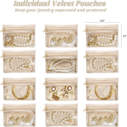 Travel Jewelry Case, Small Travel Jewelry Box with 6 Velvet Jewelry Bag Mini Pouch, Portable Travel Jewelry Organizer for Rings Earrings Necklaces, Beauty Gifts for Women Girls (Beige)