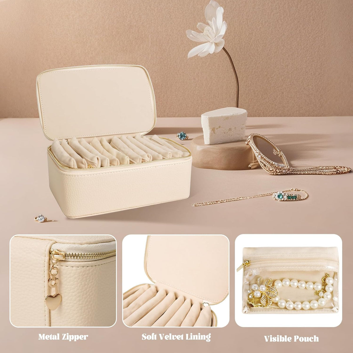 Travel Jewelry Case, Small Travel Jewelry Box with 6 Velvet Jewelry Bag Mini Pouch, Portable Travel Jewelry Organizer for Rings Earrings Necklaces, Beauty Gifts for Women Girls (Beige)
