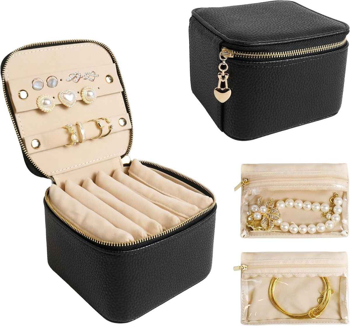 Travel Jewelry Case, Small Travel Jewelry Box with 6 Velvet Jewelry Bag Mini Pouch, Portable Travel Jewelry Organizer for Rings Earrings Necklaces, Beauty Gifts for Women Girls (Beige)