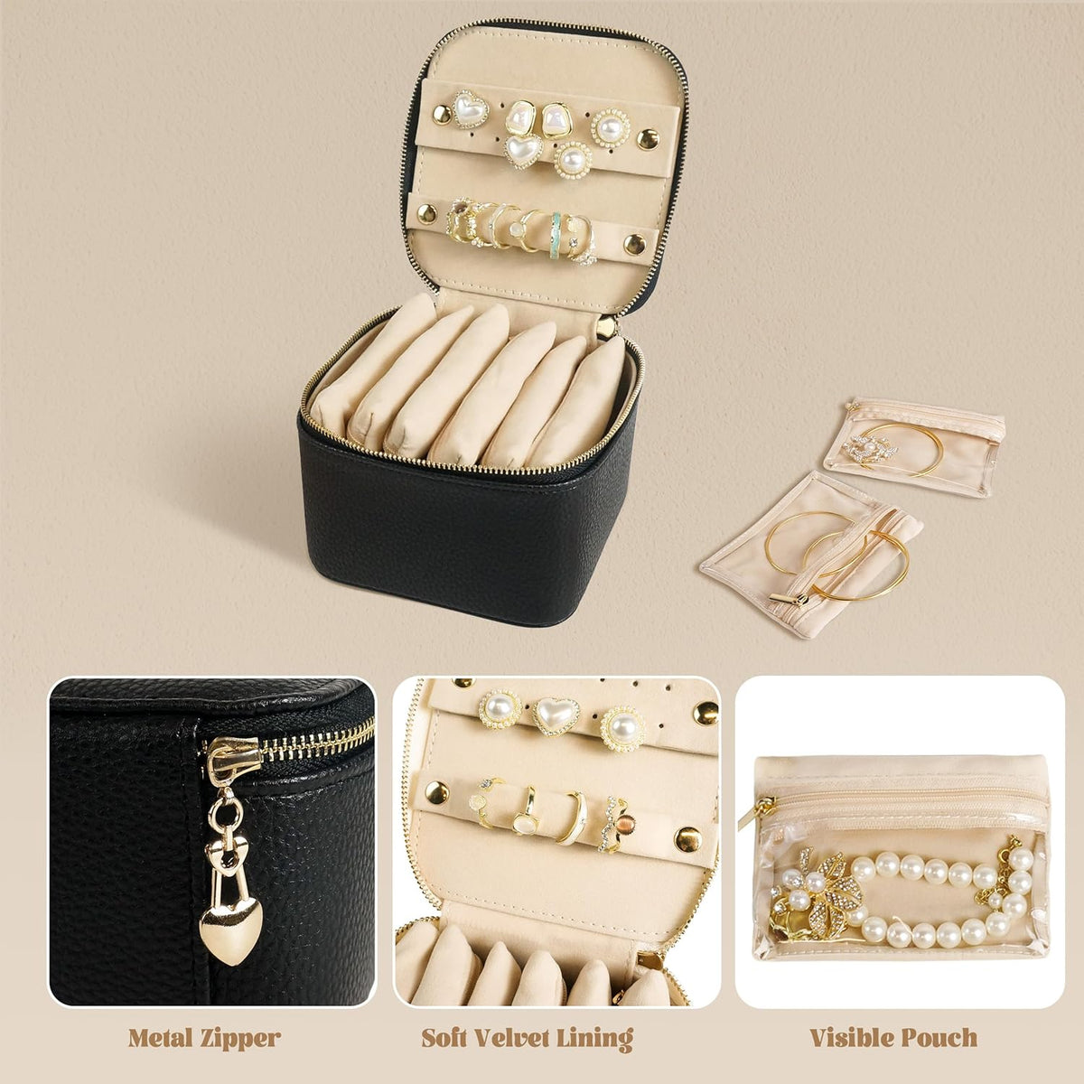 Travel Jewelry Case, Small Travel Jewelry Box with 6 Velvet Jewelry Bag Mini Pouch, Portable Travel Jewelry Organizer for Rings Earrings Necklaces, Beauty Gifts for Women Girls (Beige)