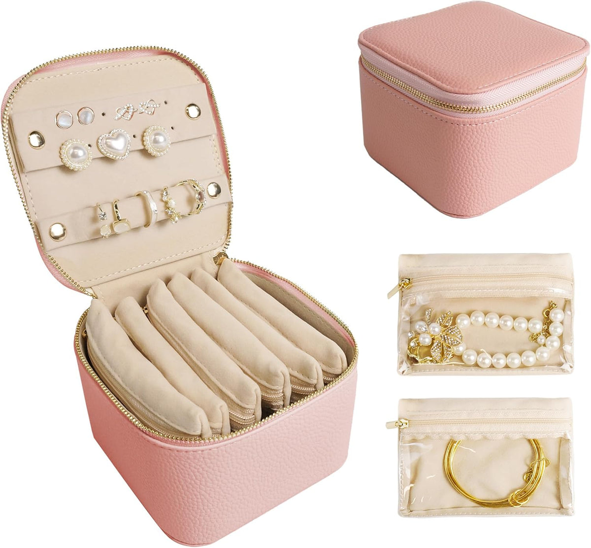 Travel Jewelry Case, Small Travel Jewelry Box with 6 Velvet Jewelry Bag Mini Pouch, Portable Travel Jewelry Organizer for Rings Earrings Necklaces, Beauty Gifts for Women Girls (Beige)