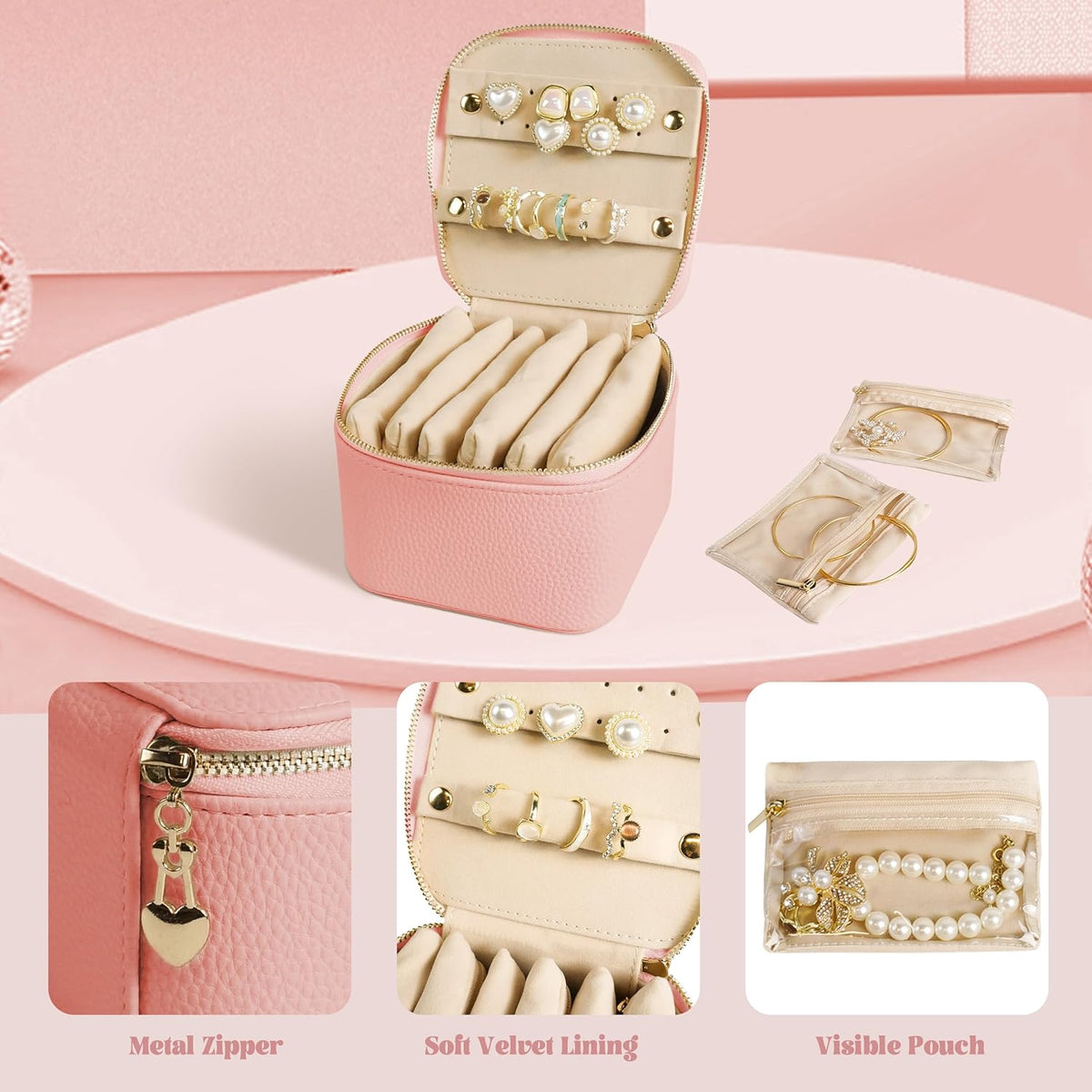 Travel Jewelry Case, Small Travel Jewelry Box with 6 Velvet Jewelry Bag Mini Pouch, Portable Travel Jewelry Organizer for Rings Earrings Necklaces, Beauty Gifts for Women Girls (Beige)