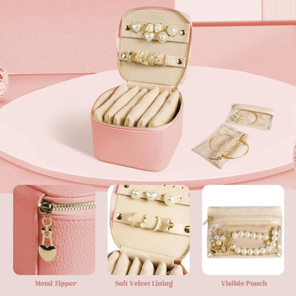 Travel Jewelry Case, Small Travel Jewelry Box with 6 Velvet Jewelry Bag Mini Pouch, Portable Travel Jewelry Organizer for Rings Earrings Necklaces, Beauty Gifts for Women Girls (Beige)