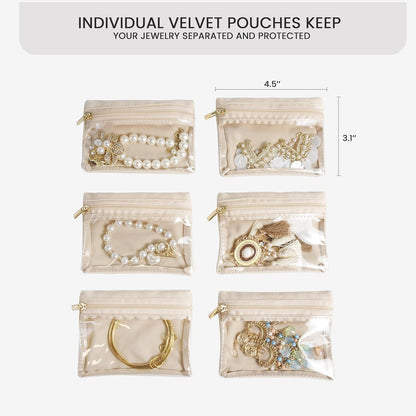 Travel Jewelry Case, Small Travel Jewelry Box with 6 Velvet Jewelry Bag Mini Pouch, Portable Travel Jewelry Organizer for Rings Earrings Necklaces, Beauty Gifts for Women Girls (Beige)