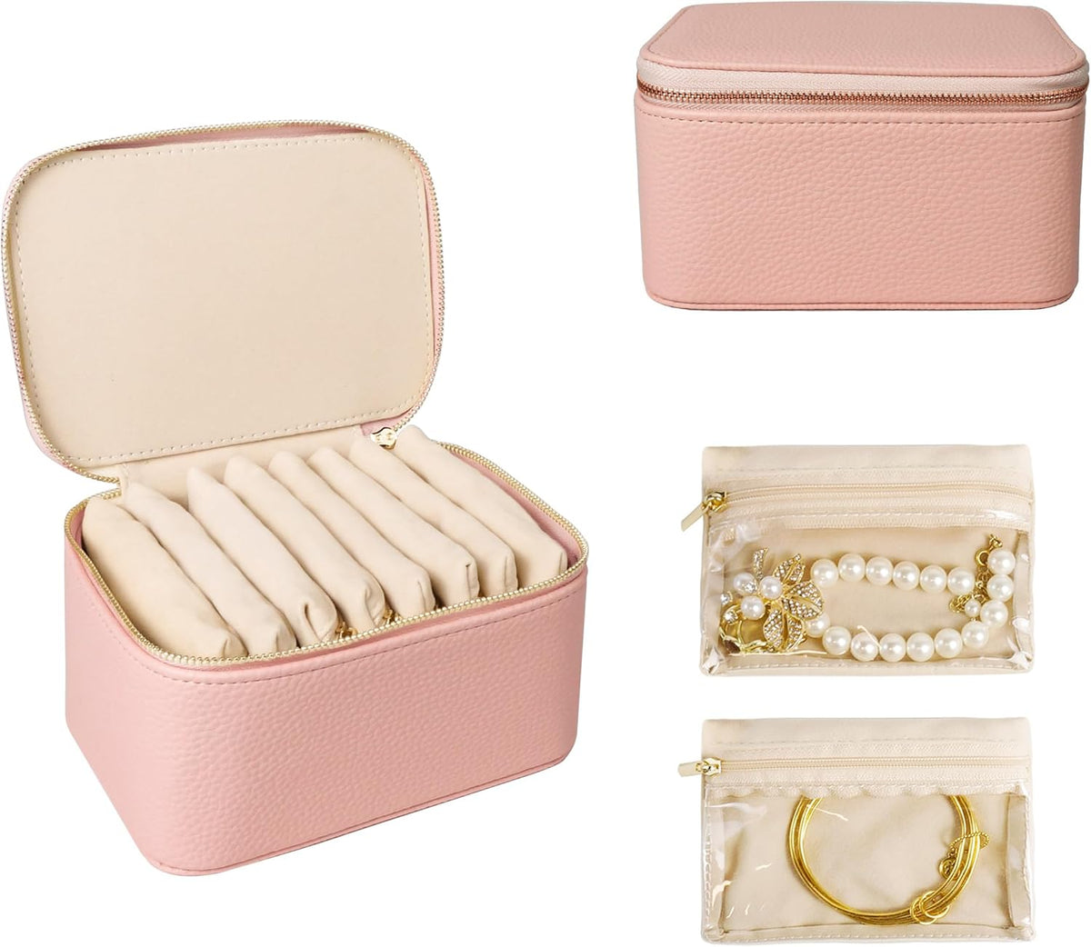 Travel Jewelry Case, Small Travel Jewelry Box with 6 Velvet Jewelry Bag Mini Pouch, Portable Travel Jewelry Organizer for Rings Earrings Necklaces, Beauty Gifts for Women Girls (Beige)