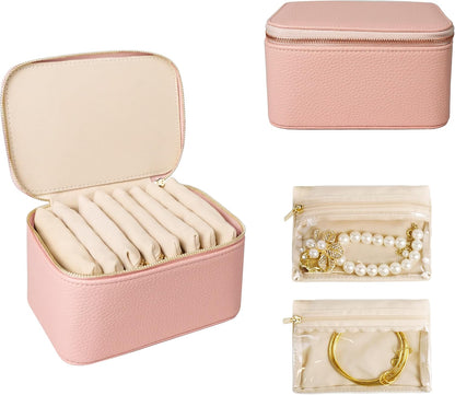 Travel Jewelry Case, Small Travel Jewelry Box with 6 Velvet Jewelry Bag Mini Pouch, Portable Travel Jewelry Organizer for Rings Earrings Necklaces, Beauty Gifts for Women Girls (Beige)