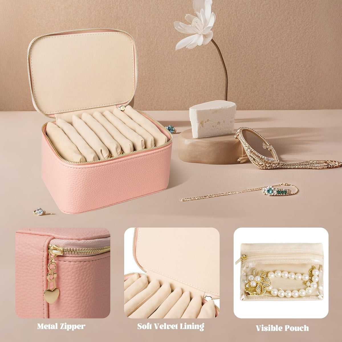 Travel Jewelry Case, Small Travel Jewelry Box with 6 Velvet Jewelry Bag Mini Pouch, Portable Travel Jewelry Organizer for Rings Earrings Necklaces, Beauty Gifts for Women Girls (Beige)